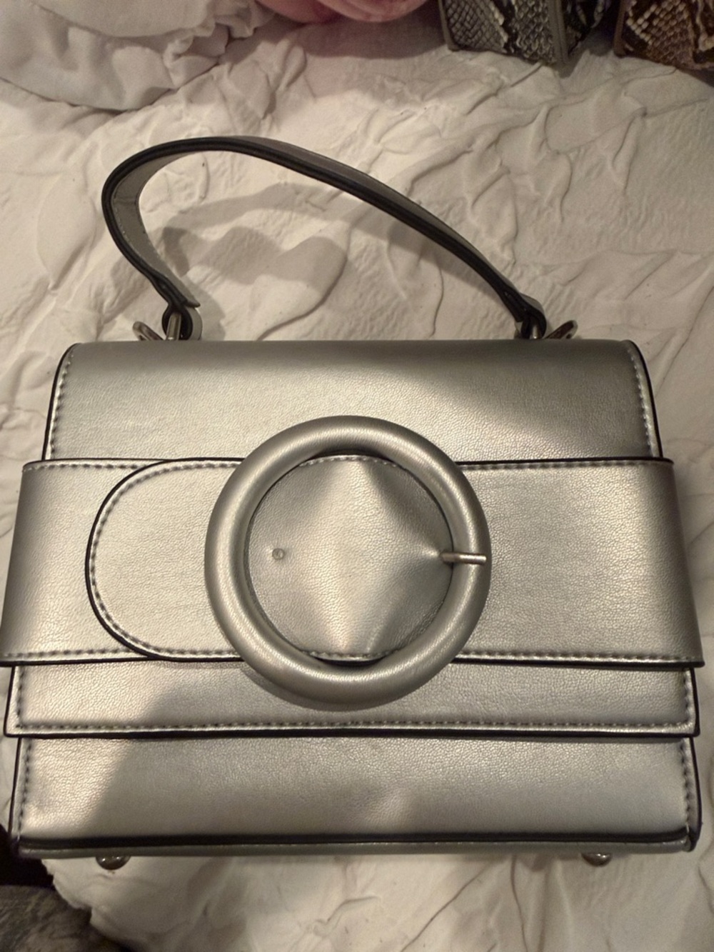Silver Metallic Top-Handle Satchel with Circular Buckle Accent